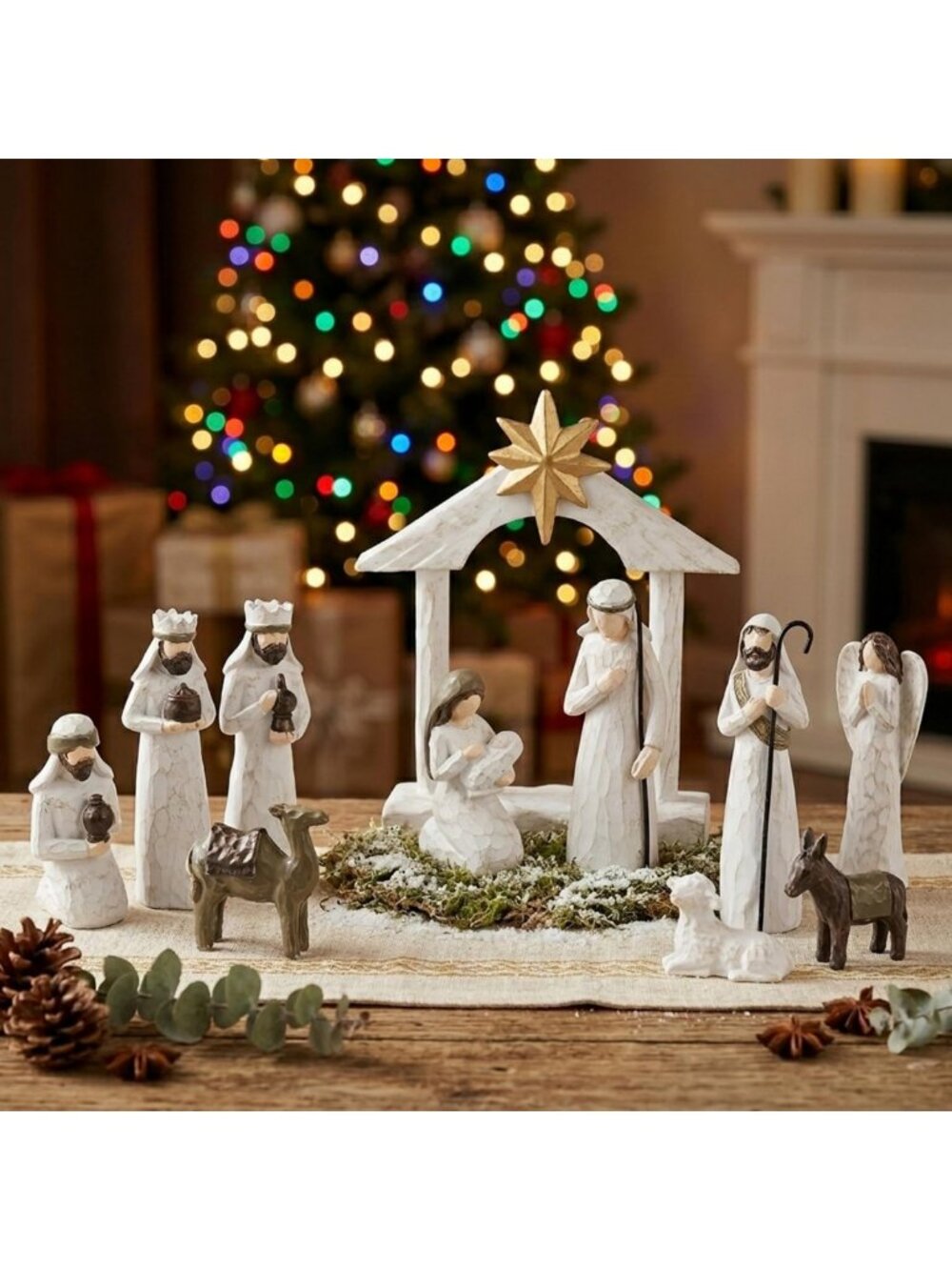 Elegant White Nativity Set - Small Resin Christmas Figurines for Holiday Decor